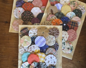 Vintage Fabric Yo-yos (25) 2 in. hand sewn, feed sack fabric yoyo colorful floral, yo-yo lot, set of hand sewn yoyo vintage lot, pre made
