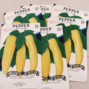 Vintage Samen Päckchen, Unbenutzte Süße Bananenpfeffer, Lone Star Seed co. Bauernhof Ephemera, Pfeffersamenbeutel, Gemüse, texanischer gelber Pfeffer