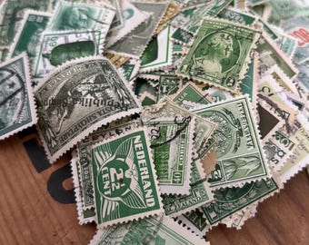 Vintage Used Green Postage Stamps (100) Green Vintage Postage Stamps lot of world wide stamps, Green style olive, lime, mint, sage, ST1