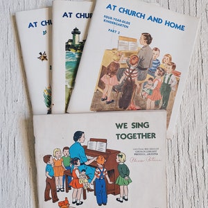 Vintage Kinderkerkprogramma's - zondagsschool, religieus kinderboek, Vintage papieren efemere in de kerk en thuis, we zingen samen
