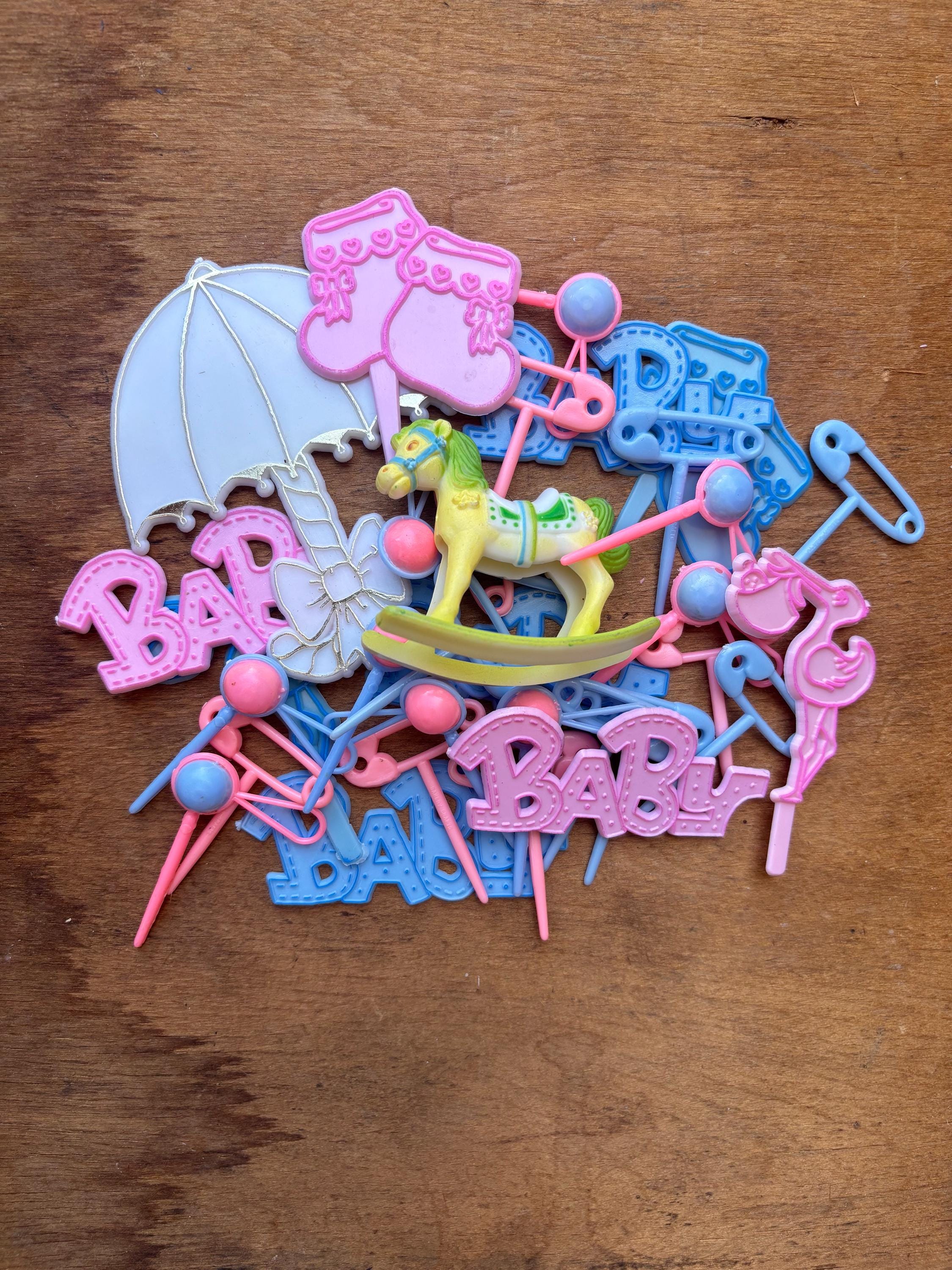 Vintage Baby Party Supply Lot, Odds & Ends, crafty bits, trinkets, tinker bits, altered art supplies, bright lot pink and blue girl and boy