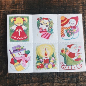 Vintage Christmas Seals, NOS, Dennison- Christmas seal, angel, kitten, stocking, snowman, Santa, candle square seal white