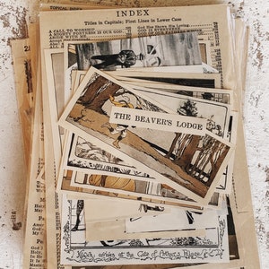 May include: A stack of vintage paper ephemera with illustrations and text. The top page features a black and white illustration of a forest scene with the text "The Beaver's Lodge". The bottom page features a black and white illustration of a man on horseback with the text "Kilwch arrives at the Gate of Arthur's Place".