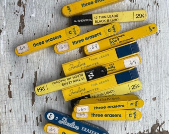 Vintage Tin lead and erasers- Fineline, Sheaffer pencil lead, lead, yellow tin, f firm, type F type U, Fineline erasers, Fineline lead, E