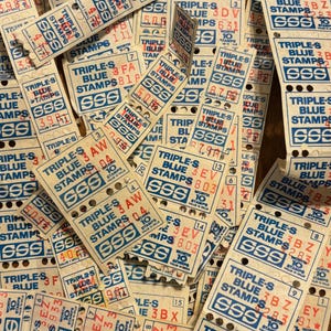 Vintage Triple-S Blue stamps- Value Mill, NOS, savings stamps, spend stamps, SSS, 1960’s stamp savings blue and white Stamp worth 10 and 1