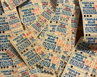 Vintage Triple-S Blue stamps- Value Mill, NOS, savings stamps, spend stamps, SSS, 1960’s stamp savings blue and white Stamp worth 10 and 1