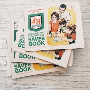 Książka oszczędnościowa Vintage S and H Green Stamps, Zielone znaczki, Używane, pełne, książeczki oszczędnościowe, Sperry and Hutchinson American Thrift, znaczek S and H