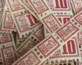 Vintage Cook stamps, food stamps, NOS, savings stamps, grocery store stamps, 1960’s stamp savings save valuable 10, 1 red & white stamp rare