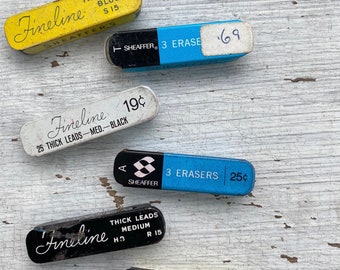 Vintage Tin lead and erasers- Fineline, Sheaffer pencil lead, lead, yellow tin, f firm, type T type S, Fineline erasers, Fineline lead, A