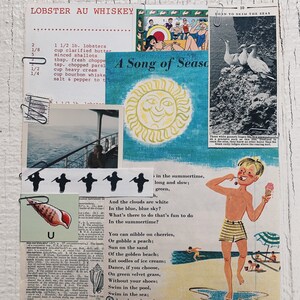 May include: A collage of images with a summer theme. The collage includes a recipe for lobster au whiskey, a picture of a sun with a smiling face, a picture of a boy eating ice cream, and a picture of a seascape with birds.