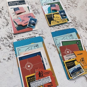 Flashcards vintage Washington, Wisconsin, Wyoming State flashcard viagens efêmeras lembrança dos Estados Unidos flashcards colecionáveis