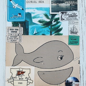 May include: A vintage collage featuring a whale cutout, a postcard of a seascape, a postcard of a boat, a postcard of a building, a coupon, and a yacht club logo. The collage is on a brown paper background.