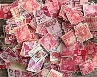 Francobolli rossi vintage usati (100) Lotto di francobolli rossi vintage di tutto il mondo, stile rosso scarlatto, rosa, ST1