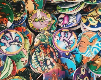 Tappo vintage della bottiglia di latte Pogs Pog lotto, dischi di carta, alieni, spazio, scheletro, unicorno, bambino, fata, insetti, supereroi, animali slammer, gioco