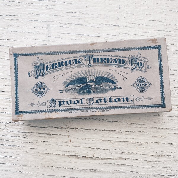 Vintage Merrick Thread Co. Spool Cotton antique box, the American thread company, six cord machine thread, bobbins, antique sewing box