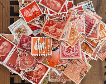 Vintage Used Orange Postage Stamps (50) Orange Vintage Postage Stamps lot of world wide stamps, Orange style Orange, tangerine, amber, ST1