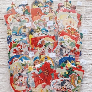 Vintage Christmas Gummed seals, NOS, Dennison- Christmas supplies,  labels, Vintage Seal, self adhesive, Christmas seal, poinsettia, santa