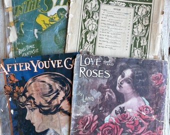Vintage Large Sheet Music lot (4)- vintage music, antique music sheet, vintage ephemera music, after you’ve gone, love and roses bartlett