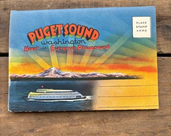 Vintage ansichtkaarten Puget Sound uitklapbare ansichtkaarten reizen ephemera Verenigde Staten souvenir collectible ons briefkaart Washington groenblijvende playgro