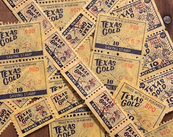 Rare Vintage Texas Gold stamps, NOS, savings stamps, spend stamps save money, 1960’s stamp savings 10 & 1 Texas Cowboy Sunrise yellow stamp
