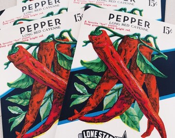 Vintage Seed Packets, Unused long red cayenne pepper, lone star seed co. Farm ephemera, hot pepper, chili pepper seed bag