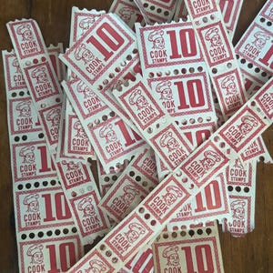 Vintage Cook stamps, food stamps, NOS, savings stamps, grocery store stamps, 1960’s stamp savings save valuable 10, 1 red & white stamp rare