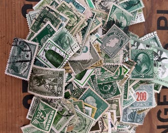 Vintage Used Green Postage Stamps (50) Green Vintage Postage Stamps lot of world wide stamps, Green style olive, lime, mint, sage, ST1