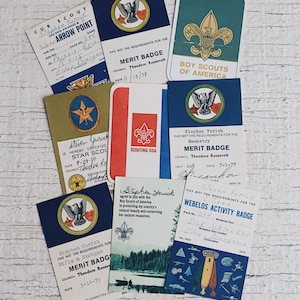May include: A collection of vintage Boy Scout merit badges. The badges are in various colors and feature different designs, including a star, a rifle and shotgun, a basket, and a canoe. The badges are all dated and signed by the scout.