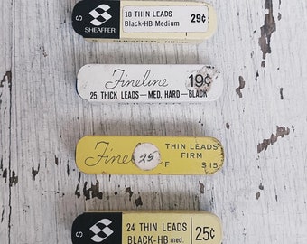 Vintage Tin lead and erasers- Fineline, Sheaffer pencil lead, lead, yellow tin, f firm, type T type S, Fineline erasers, Fineline lead, A