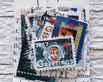 Set of Vintage Christmas stamps, 25 Postage Stamps Christmas Ephemera, Santa, Carolers, ornaments, angel, tree, Mary, Jesus, dove, present