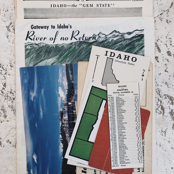 Idaho State Vintage Travel Pack- Vintage paper ephemera lot  Paper pack, pamphlet, stamps, photos, postcards, maps, info card