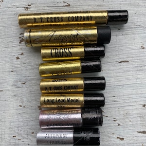 Vintage lead and erasers-paper mate, cross pencil lead, lead, gold tube, A.T. Cross country, auto point, vintage lead, vintage erasers, Cory