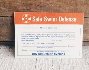 Vintage Boy Scout award cards merit badge, Cub Scout safe swim defense, BSA Safe Swim Commitment aquatics counselor