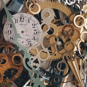May include: A close-up of a collection of vintage clock parts and gears, including a clock face with Roman numerals and the words "Sovereign Bend" on the dial. The parts are arranged in a random pattern, creating a visually interesting and intricate design.