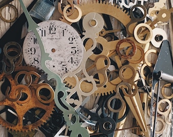 Vintage Clock findings clock hands, Sprocket, cog, gear, steampunk metal rusty pieces, bronze metal bits, circle pieces, jewelry, clock I2