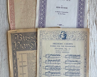 Lot de partitions vintage (4) - musique vintage, partitions anciennes, musique éphémère vintage, français, violet foncé, russe, Chopin, art nouveau