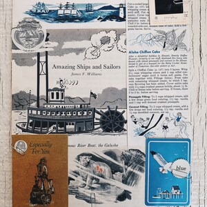 May include: A collection of vintage postcards featuring illustrations of ships, a polar bear, and a seagull. The postcards are on a white wooden surface. The text on the postcards includes "Amazing Ships and Sailors", "Especially For You", "The Galusha", and "Blue".