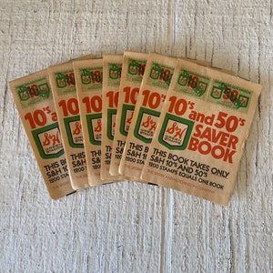 Książka oszczędnościowa Vintage S and H Green Stamps, Zielone znaczki, Używane, pełne, książeczki oszczędnościowe, Sperry and Hutchinson American Thrift, znaczek S and H