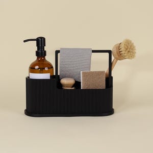 Oslo Wave | Organiseur d'évier avec bac d'égouttage magnétique | Organiseur d'évier durable | Support pour distributeur de savon, brosse et éponge