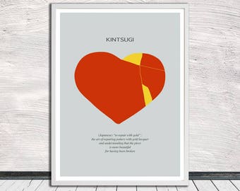 Kintsugi heart (on light grey), Kintsukuroi, Japanese aesthetics, Poster art, Heart print, Words, Printable Art, Instant Digital Download