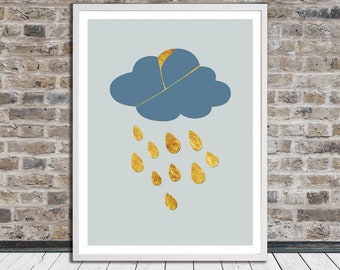 Kintsugi cloud, golden rain, Kintsukuroi, Minimalistic poster, Cloud art, Wall Art, Printable Art, Instant Digital Download