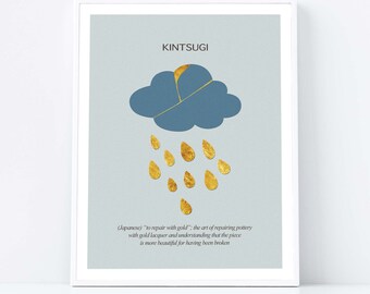 Kintsugi cloud with gold rain, Kintsukuroi, Japanese, Wall Art, Word Art, Printable Art, Instant Digital Download