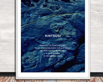 Kintsugi, Kintsukuroi, blue rock poster (incl explanation), Japanese aesthetics, Wall Art, Word Art, Printable Art, Instant Digital Download