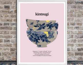 Kintsugi ceramics (on light pink), Kintsukuroi, Japanese aesthetics, Poster, Healing, Words, Printable Art, Instant Digital Download