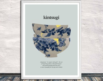 Kintsugi ceramics (on light grey), Kintsukuroi, Japanese aesthetics, Poster, Healing, Words, Printable Art, Instant Digital Download