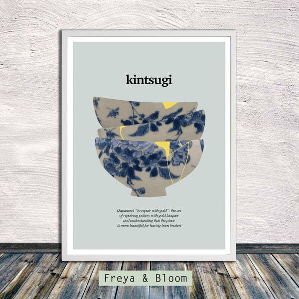 Kintsugi ceramics (on light grey), Kintsukuroi, Japanese aesthetics, Poster, Healing, Words, Printable Art, Instant Digital Download