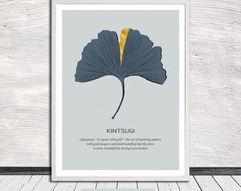 Ginkgo leaf Kintsugi poster, Kintsugi print, Kinstukuroi art, Japanese art, Printable Art, Instant Digital Download