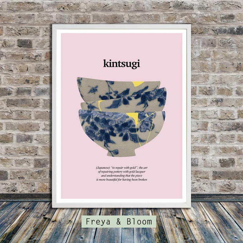 Kintsugi ceramics on light pink, Kintsukuroi, Japanese aesthetics, Poster, Healing, Words, Printable Art, Instant Digital Download image 1