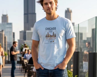 T-shirt Chicago vintage men's light blue windy shirt City souvenir American cotton retro style