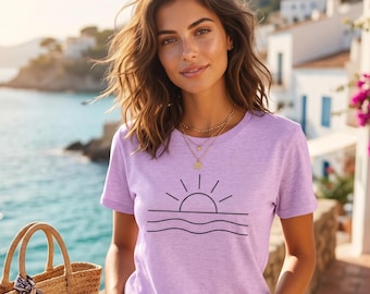 Women's T-shirt with minimalist sun and wave print, summer boho chic style, cotton, sea shirt